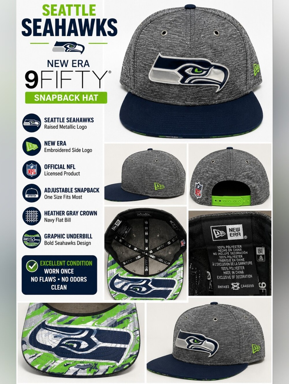 Seattle Seahawks New Era 9FIFTY Snapback Hat Gray Navy Green NFL